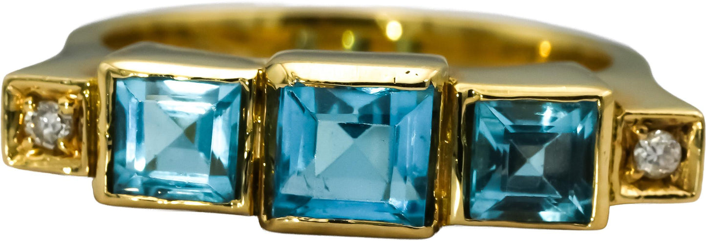 18k Yellow Gold Square Blue Topaz & Round Diamond Band Ring Size 7