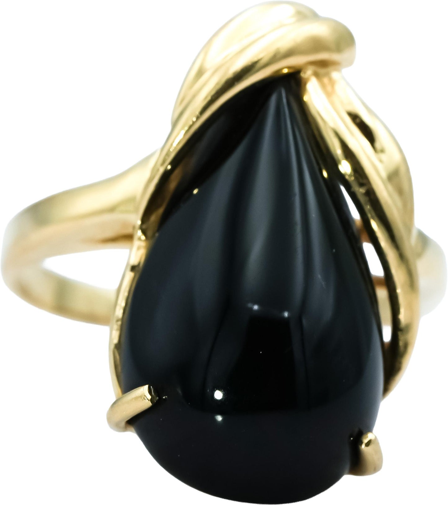 14k Yellow Gold Pear Cabochon Cut Onyx Solitaire Ring Size 7