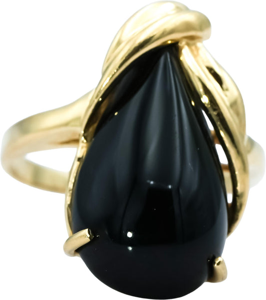 14k Yellow Gold Pear Cabochon Cut Onyx Solitaire Ring Size 7