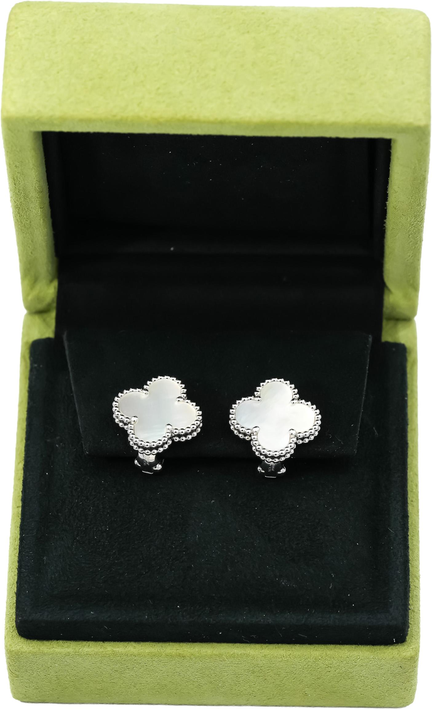 VAN CLEEF & ARPELS 18k White Gold Alhambra Mother of Pearl Earrings w Box Papers