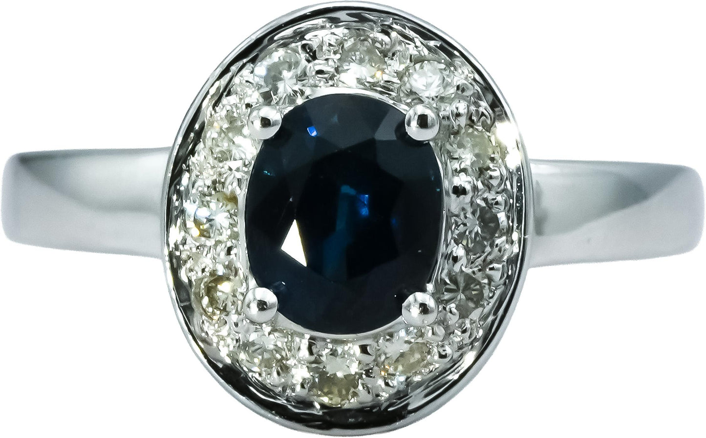 18k White Gold Oval Blue Sapphire Round Diamond Halo Ring 1.08CTW Size 6