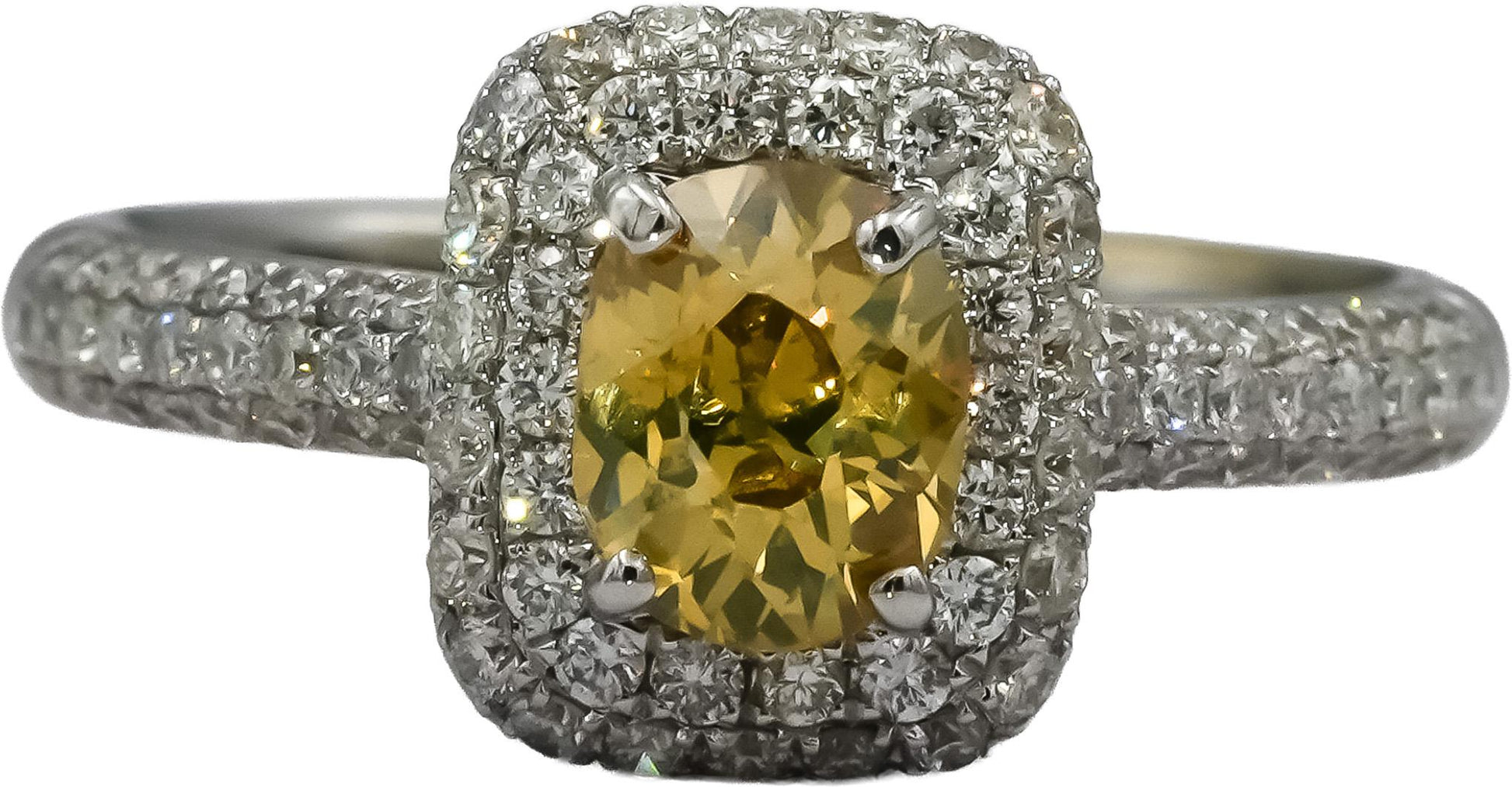 18k White Gold White & Fancy Yellow Diamond Pave Ring 1.25CT w/ .75CT Center