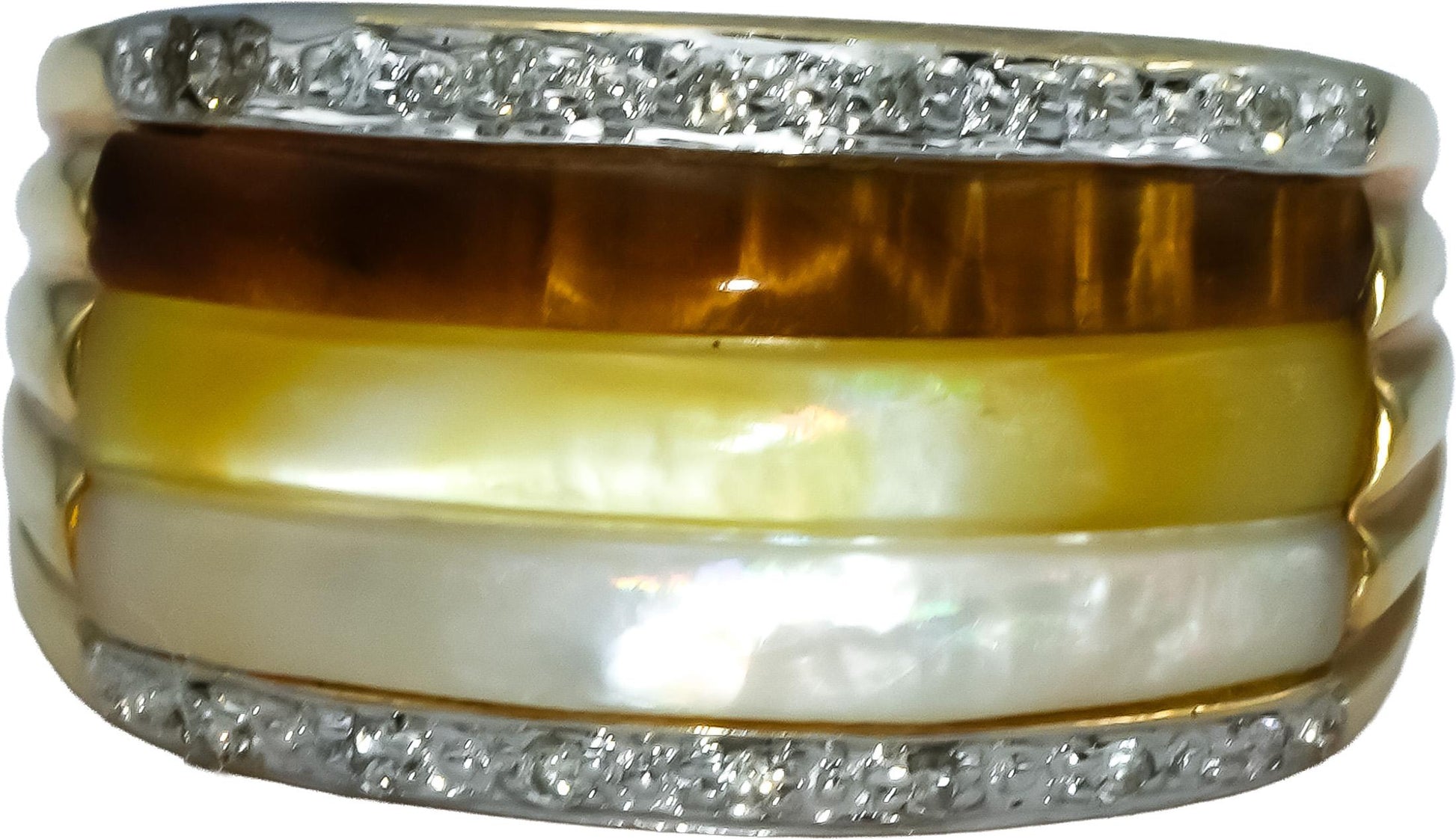 14k Yellow Gold Multi Color Mother of Pearl and Diamond Band Ring Size 7.5