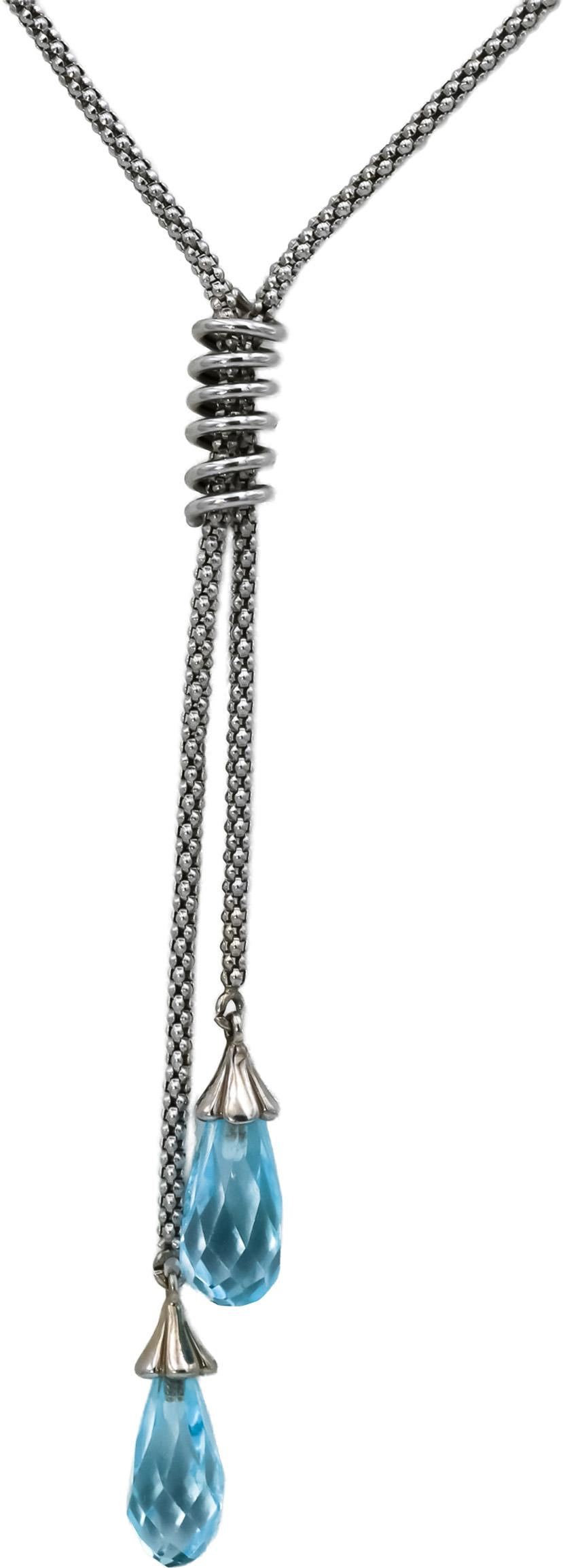14k White Gold Briolette Cut Blue Topaz Tassel Necklace