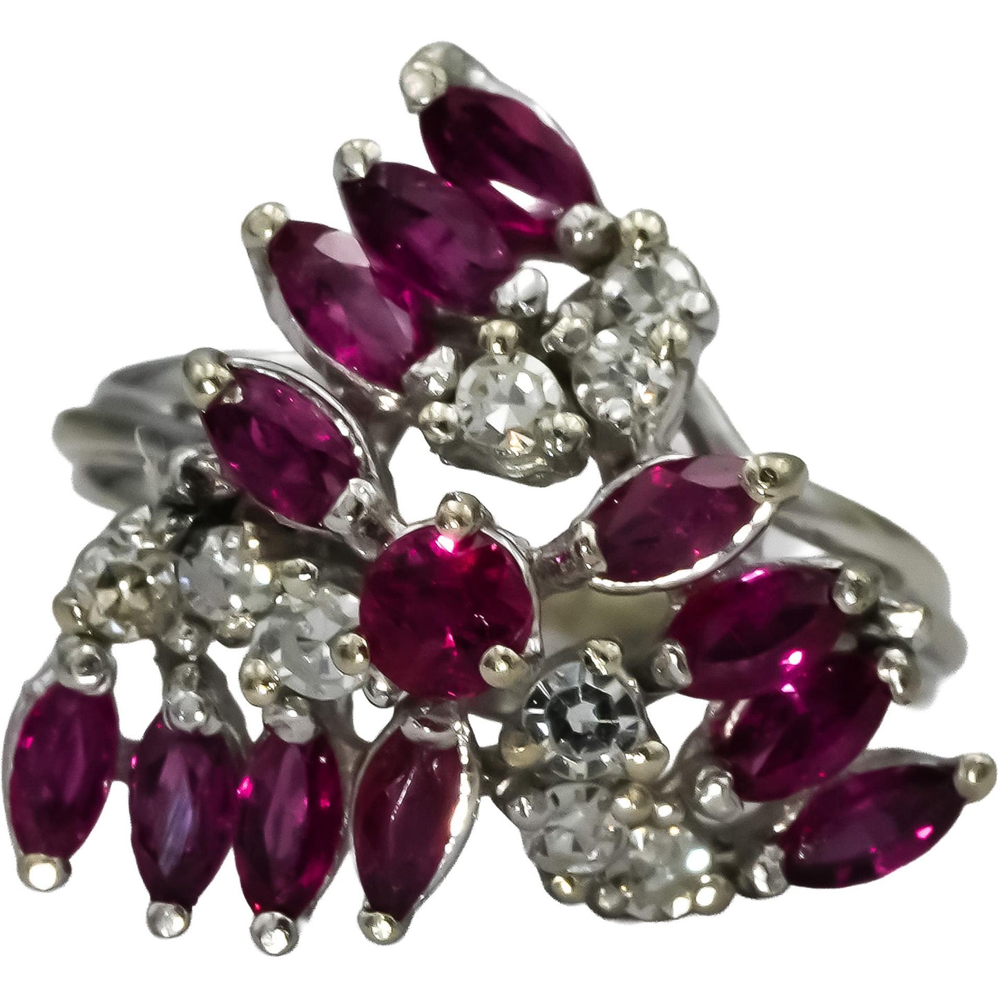 Vintage 14k White Gold VS Diamond Ruby Waterfall Cocktail Ring 1.0CT Size 5.5