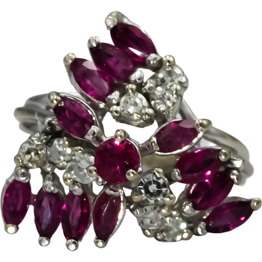 Vintage 14k White Gold VS Diamond Ruby Waterfall Cocktail Ring 1.0CT Size 5.5