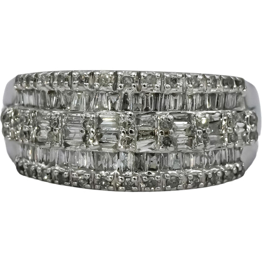10k White Gold Round and Baguette Cut Diamond Cluster Band Ring 1.0CT Size 8.5