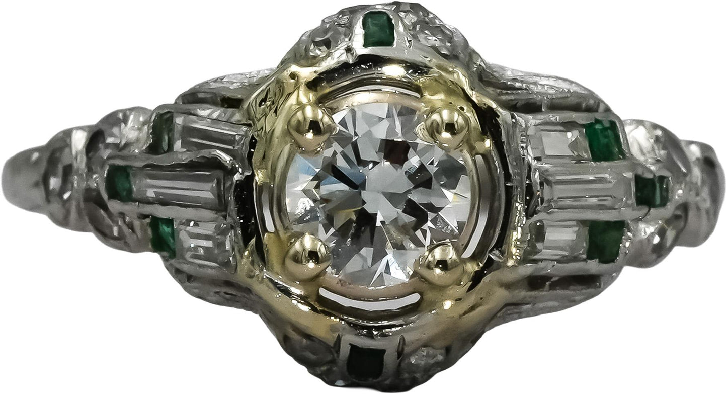 Vintage Antique Deco Platinum Diamond & Emerald Ring 1.0CT w/ 0.55CT Center