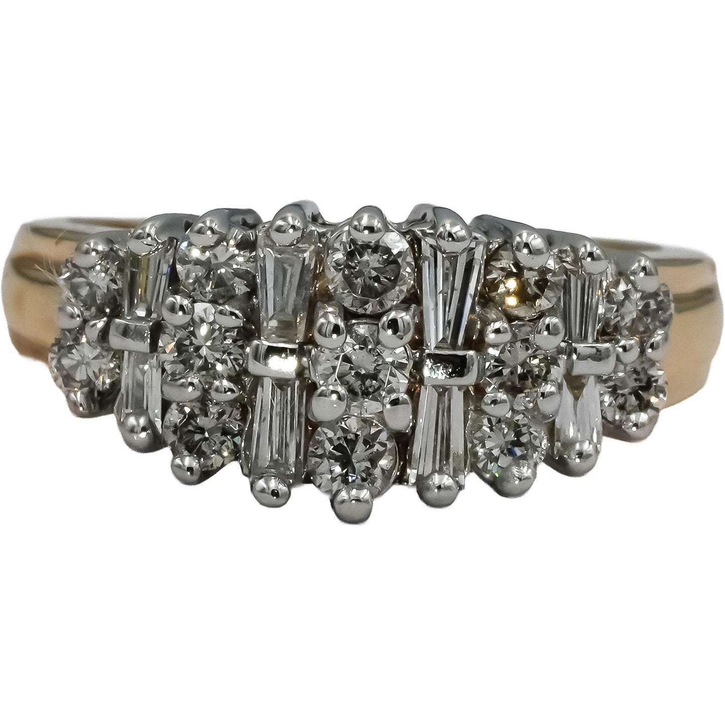 14k Yellow & White Gold Round and Baguette Diamond Cluster Ring 1.0CT Size 7.25