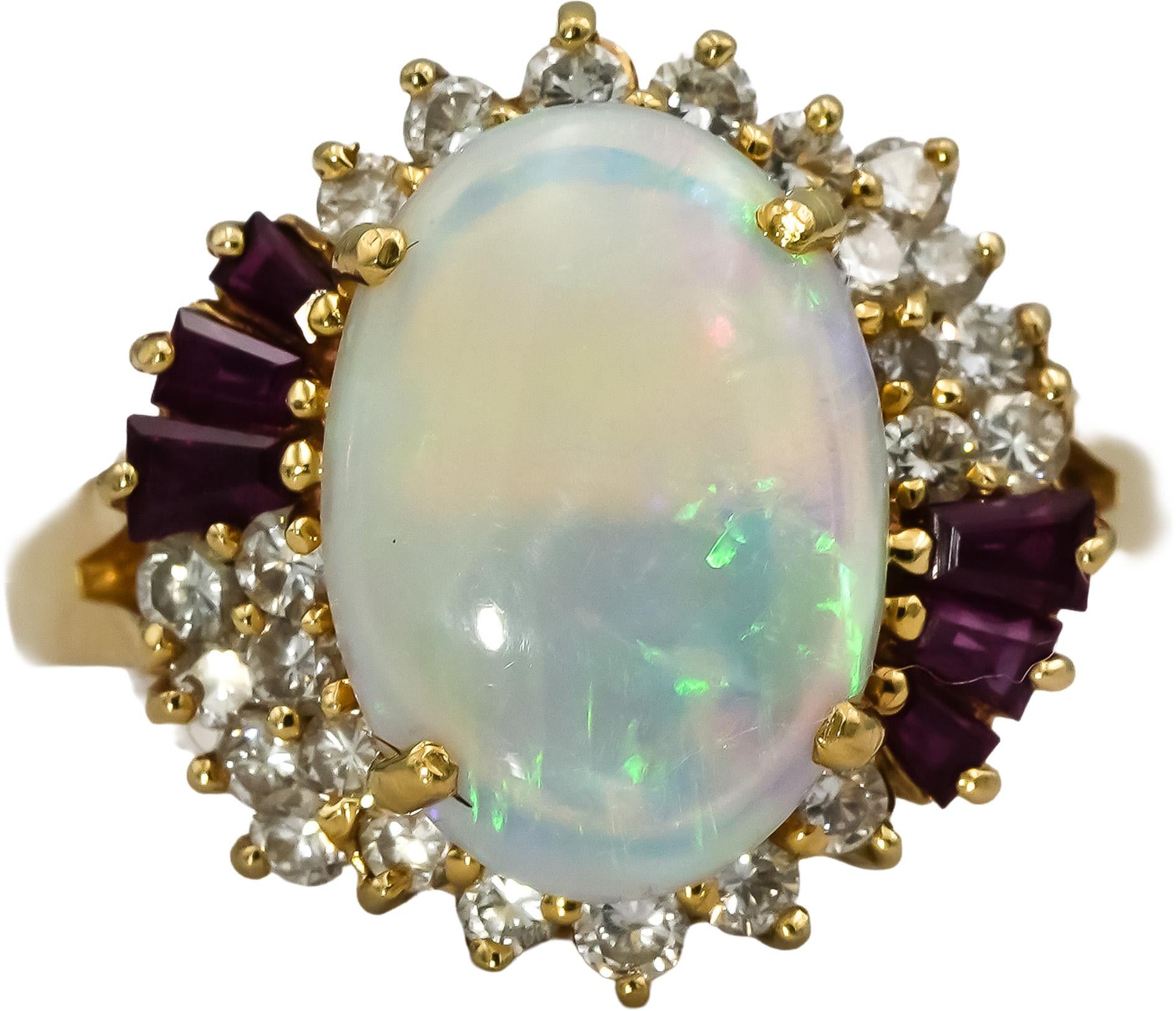 14k Yellow Gold Diamond Ruby Opal Cocktail Ring 7.08CT Size 8.75