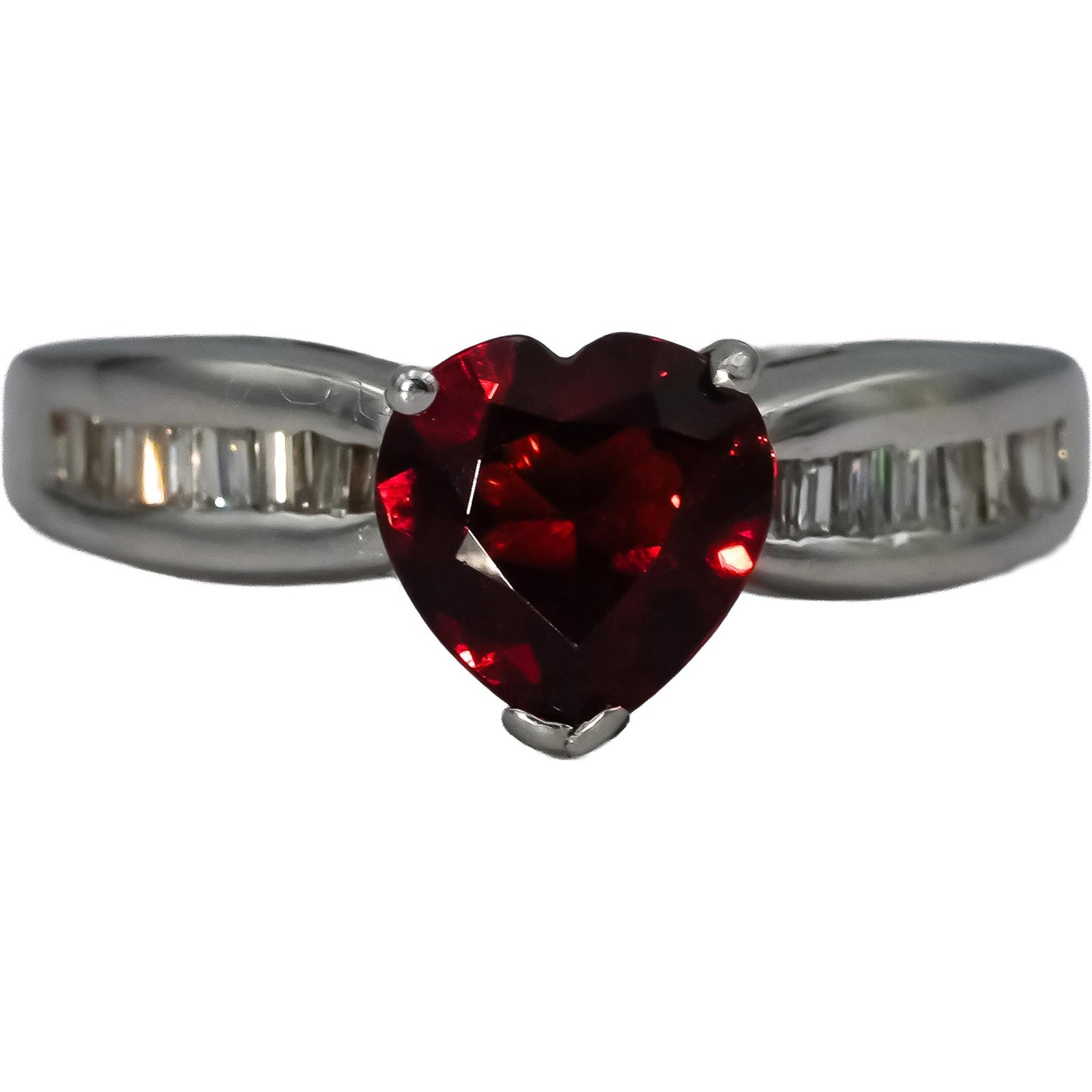 14k White Gold VS Baguette Diamond Heart Cut Garnet Cocktail Ring 1.99CT Size 6
