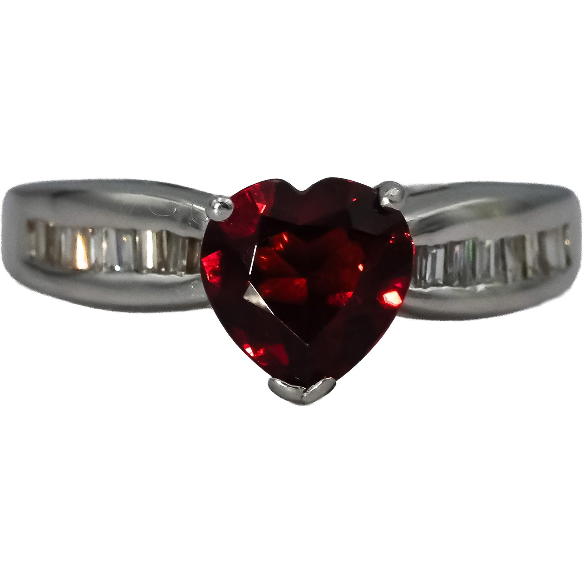 14k White Gold VS Baguette Diamond Heart Cut Garnet Cocktail Ring 1.99CT Size 6