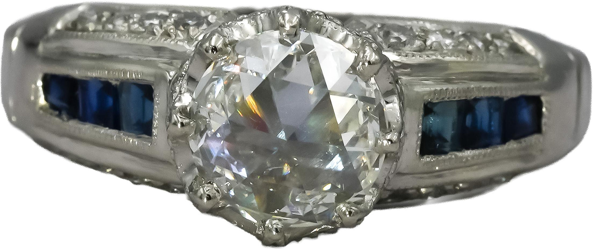 Platinum Antique Style VS Diamond and Sapphire Ring 1.38CT Size 7