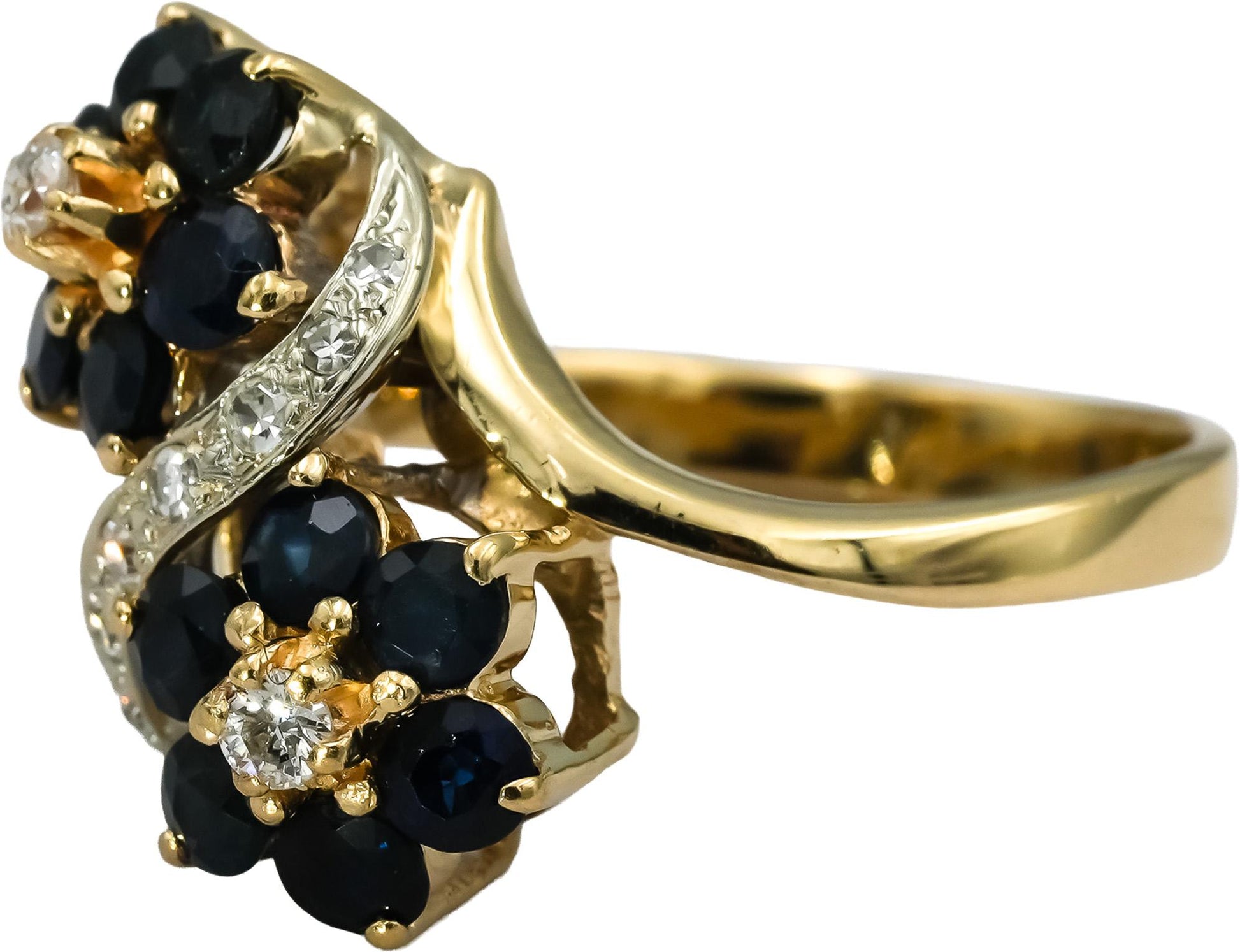 14k Yellow Gold Diamond and Sapphire Flower Cocktail Ring 1.60CT Size 8