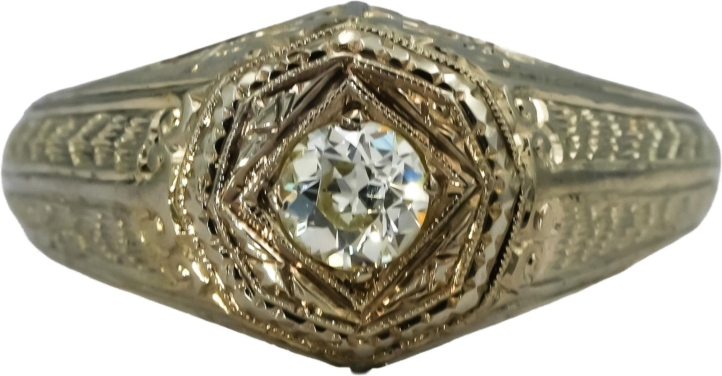 Art Deco Antique 18k White Gold VS Old Euro Diamond Ring 0.40CT Size 9.75