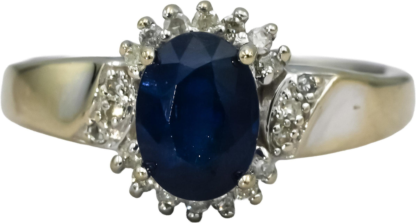 14k White Gold Diamond and Sapphire Halo Ring 1.10CT Size 7.25