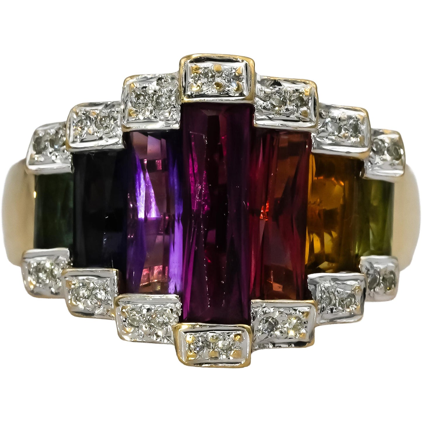 BELLARI 18k Yellow Gold Diamond and Rainbow Gemstone Cocktail Ring 0.07CT Size 7