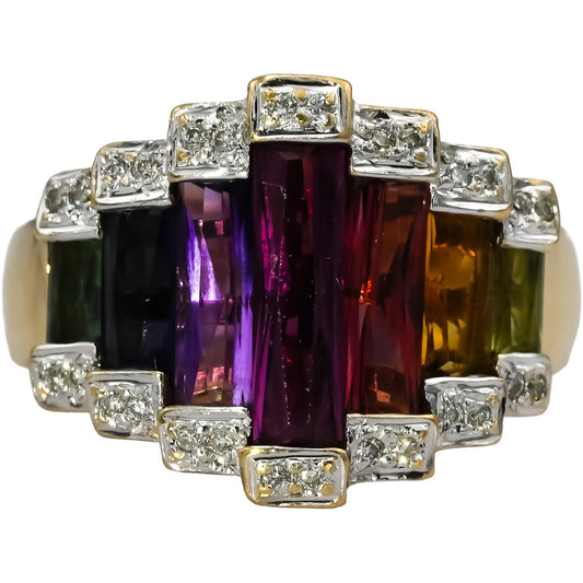 BELLARI 18k Yellow Gold Diamond and Rainbow Gemstone Cocktail Ring 0.07CT Size 7