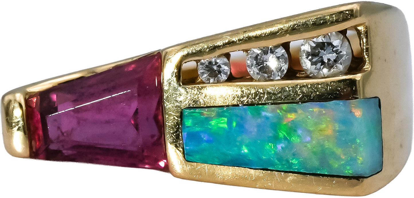 14k Yellow Gold Diamond Pink Tourmaline Opal Cocktail Ring 1.10CT Size 4.5