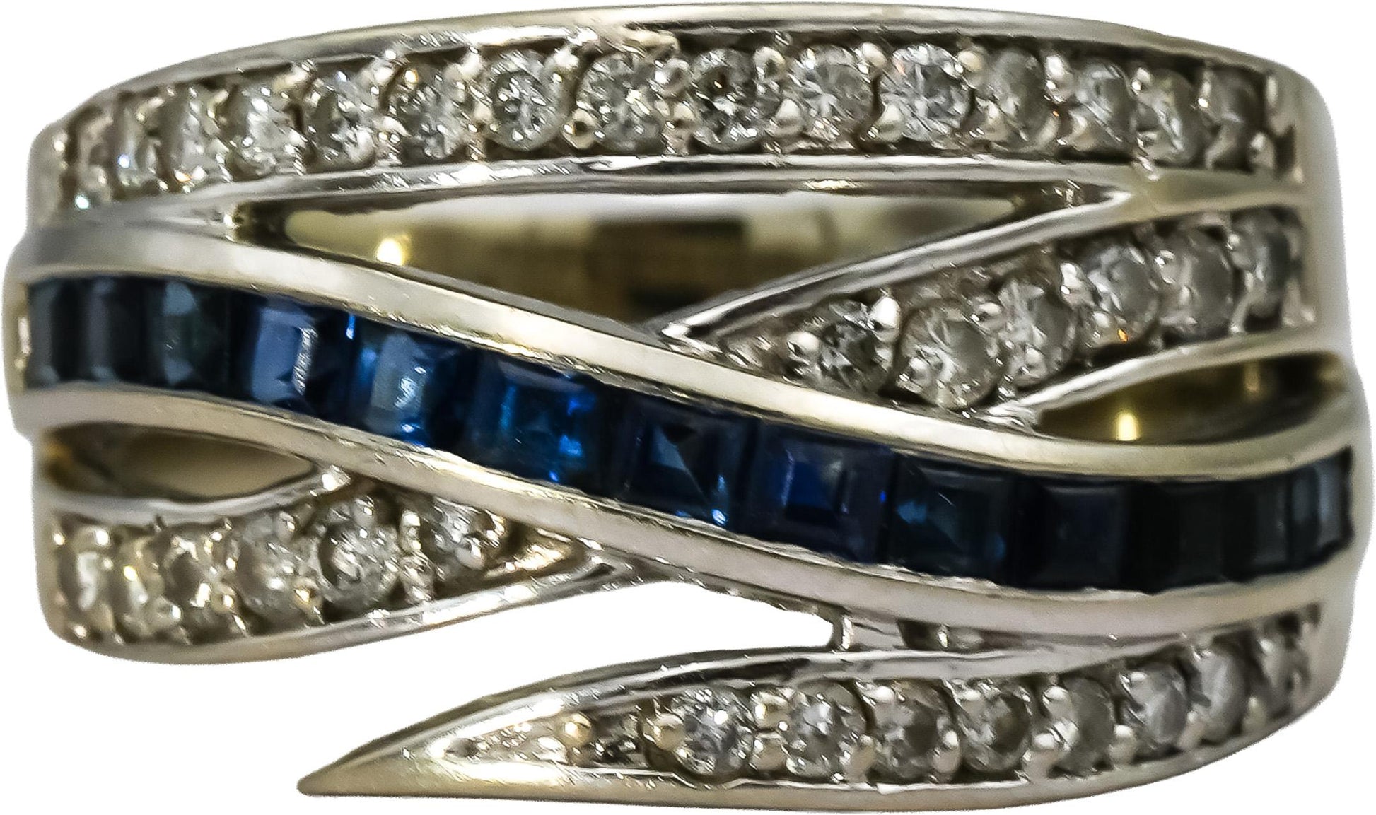 14k White Gold Diamond and Sapphire Crossover Ring 1.25CT Size 7.75