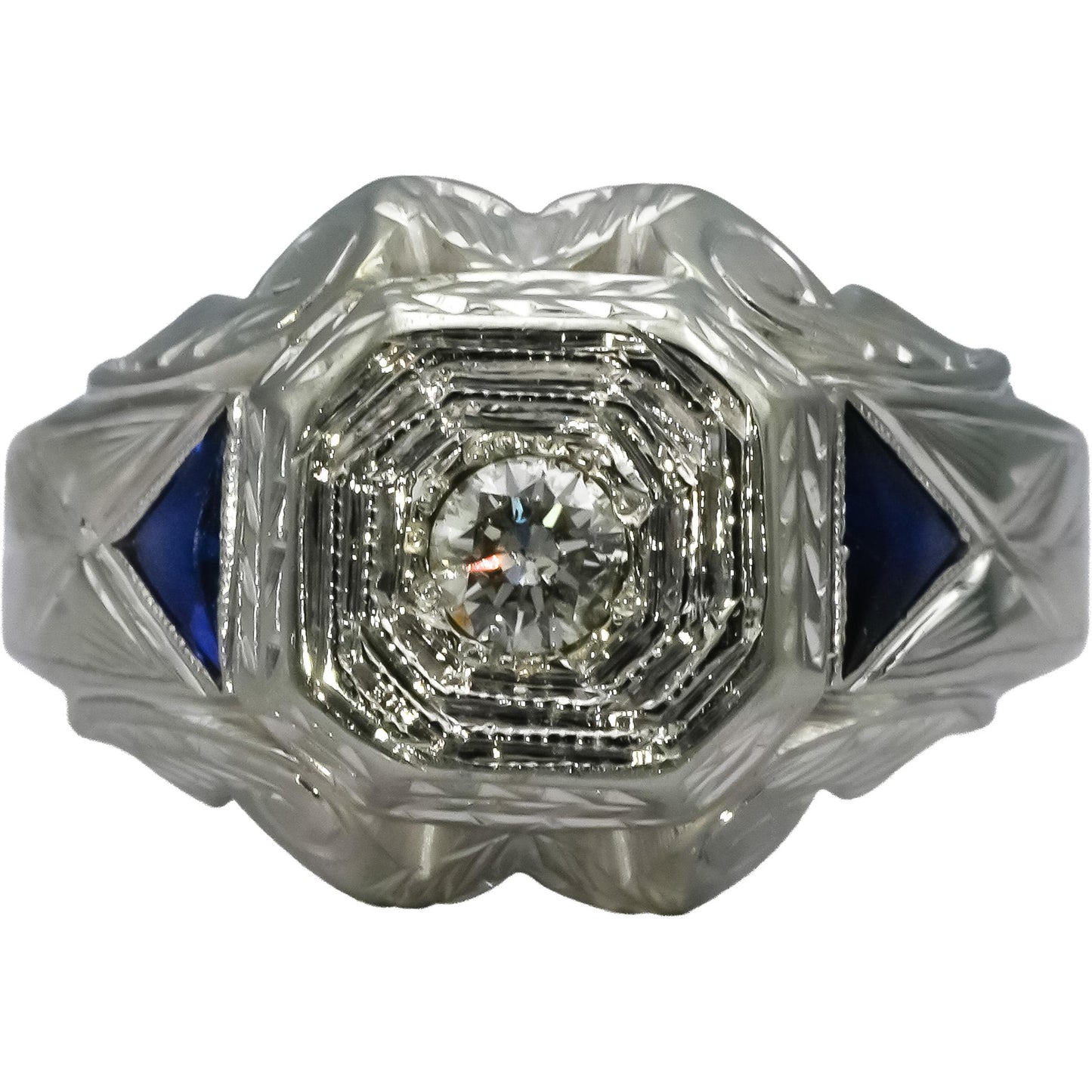 Antique 18k White Gold Diamond and Sapphire Cocktail Ring 0.15CT Size 8