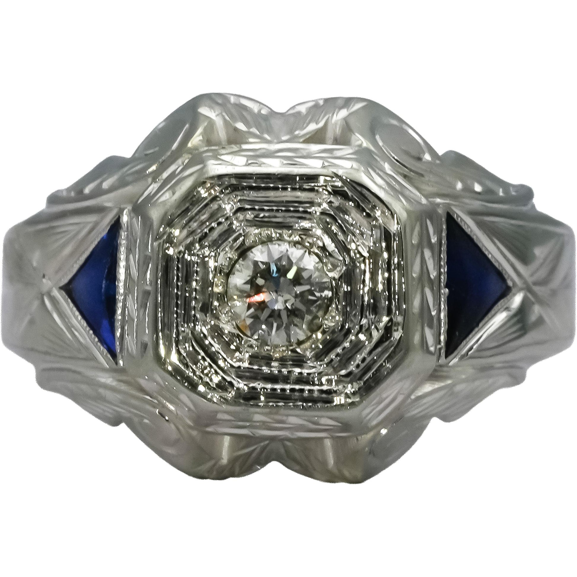 Antique 18k White Gold Diamond and Sapphire Cocktail Ring 0.15CT Size 8