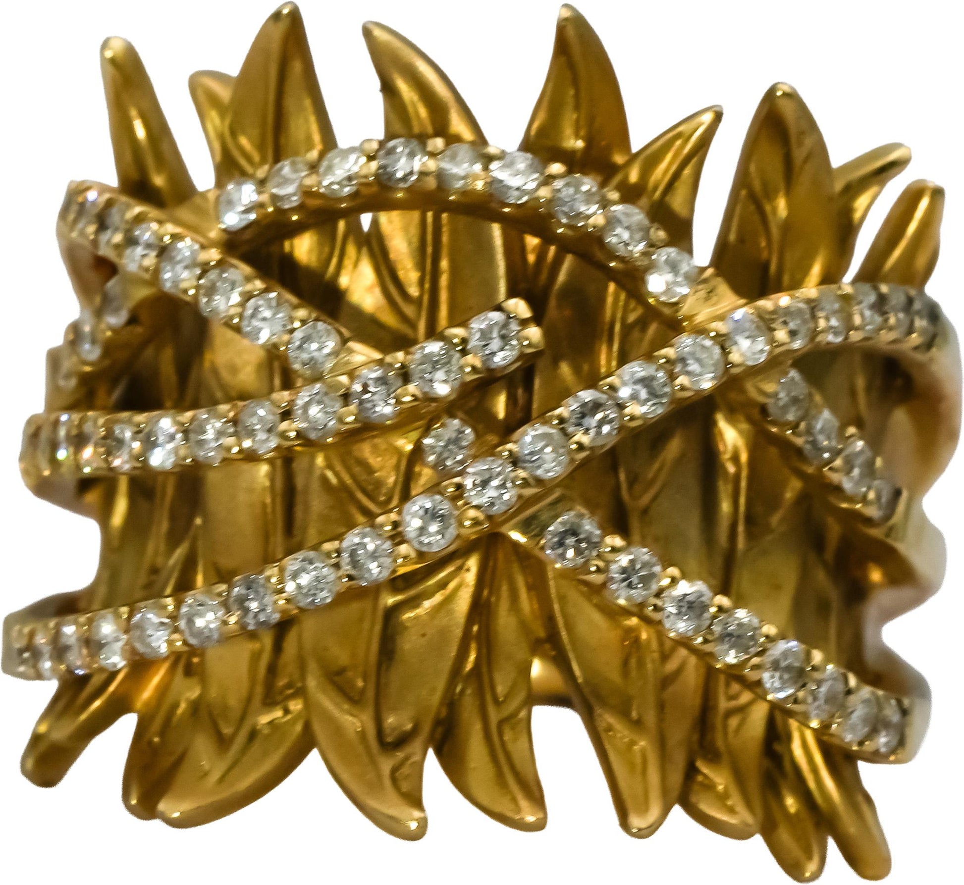 14k Yellow Gold Round Diamond Floral Leaf Cocktail Ring 1.0CT Size 7