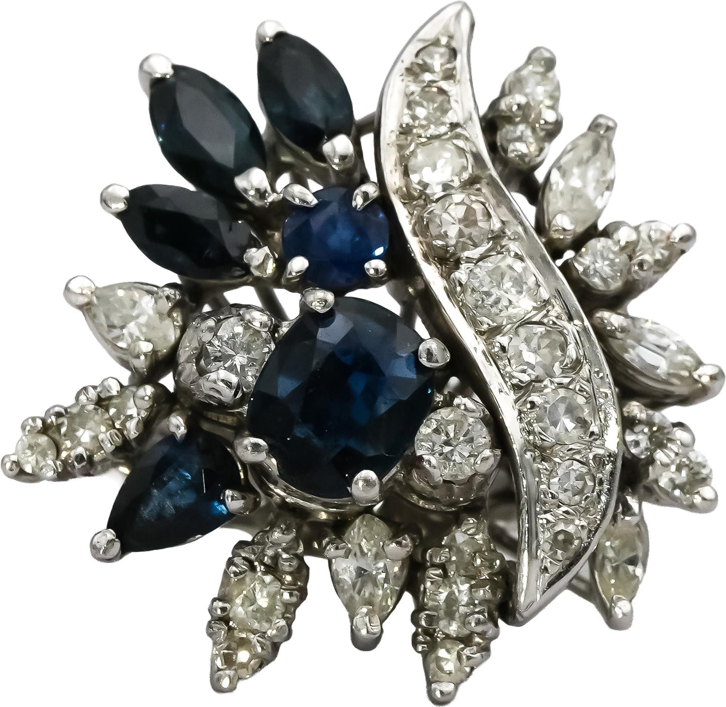 Vintage Antique 14k White Gold Diamond and Sapphire Cocktail Ring 2.0CT Size 7.5