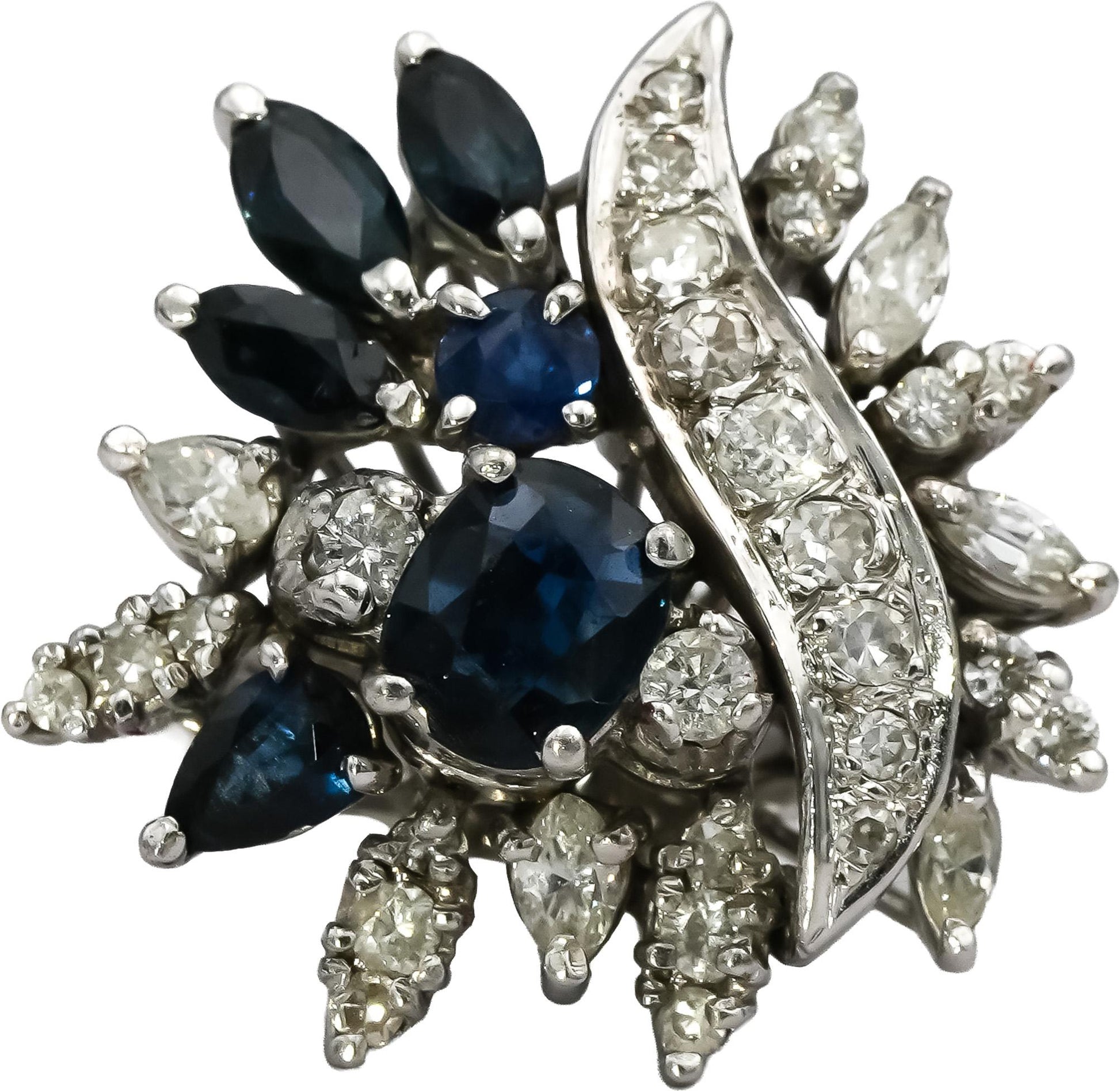 Vintage Antique 14k White Gold Diamond and Sapphire Cocktail Ring 2.0CT Size 7.5