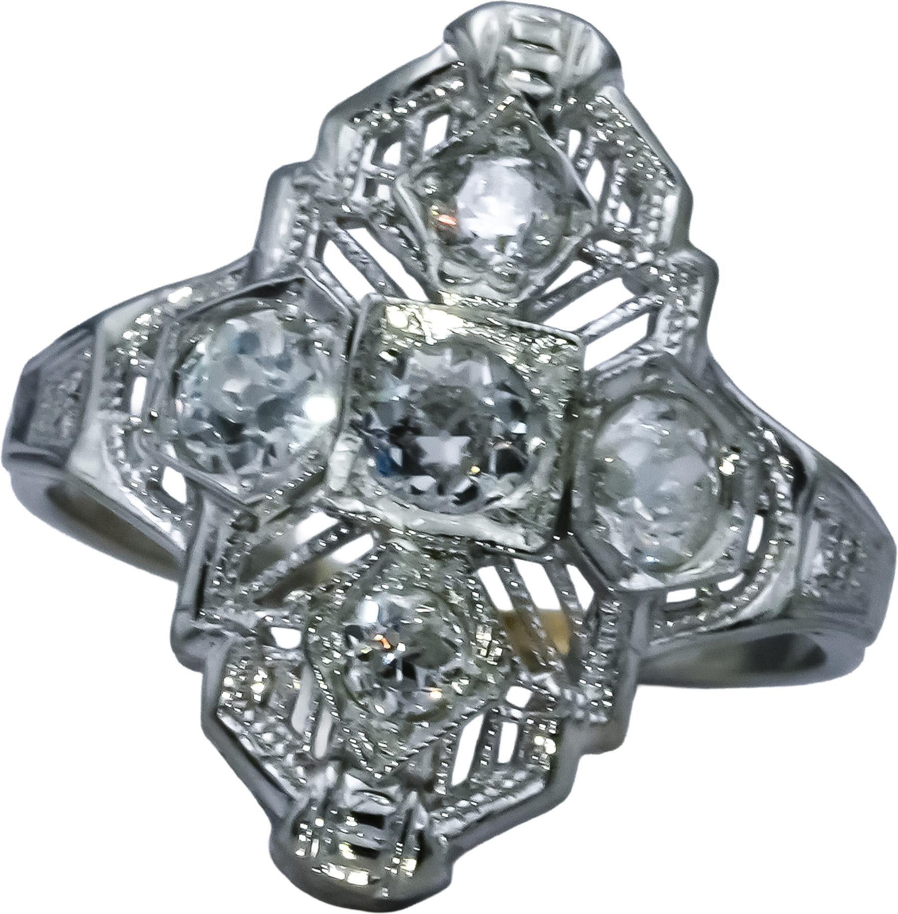 Art Deco Antique Filigree 14k White Gold Old Euro Diamond Ring 0.70CT Size 4.25