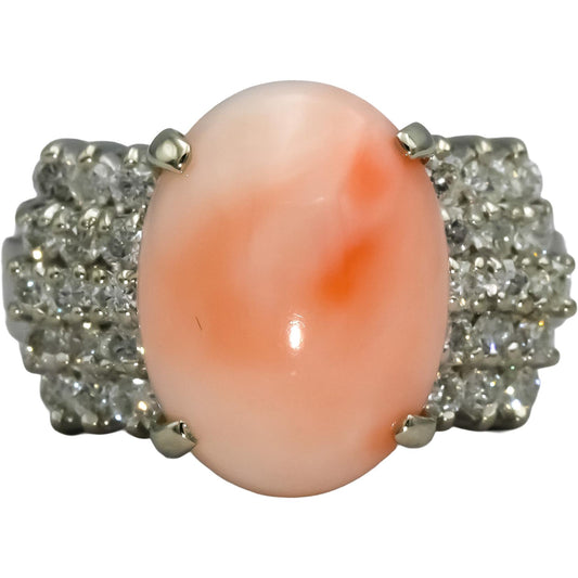 14k White Gold Diamond and Coral Cocktail Ring 8.50CT Size 8