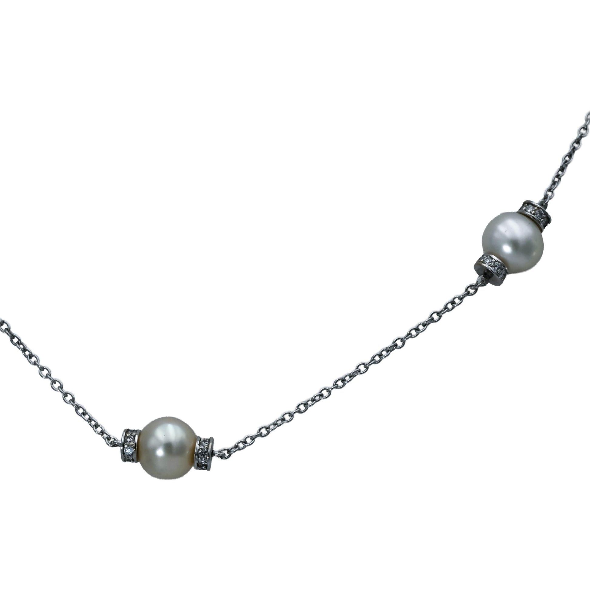 14k White Gold Round Diamond and 8mm Pearl Chain Necklace 0.80CT