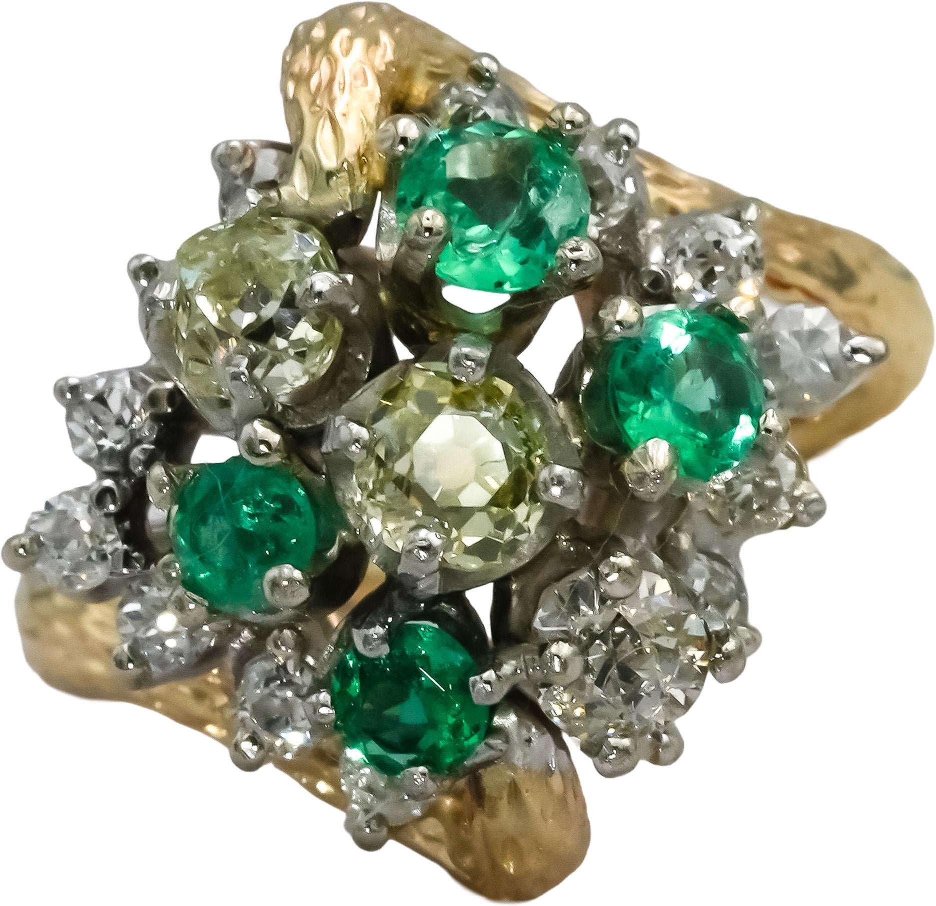 Vintage 14k Yellow & White Gold Emerald and Light Yellow Diamond Ring 2.10CT