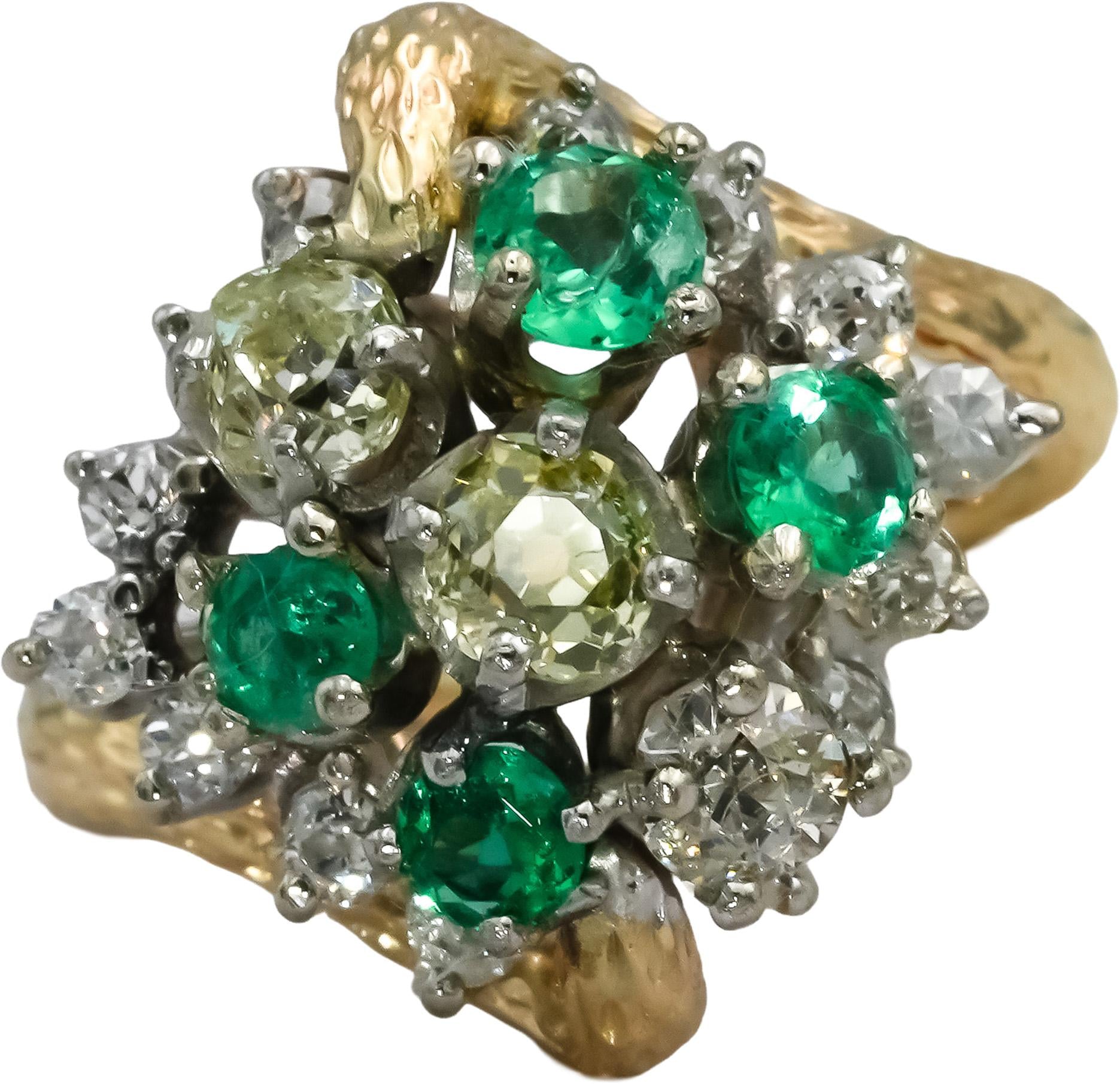 Vintage 14k Yellow & White Gold Emerald and Light Yellow Diamond Ring 2.10CT