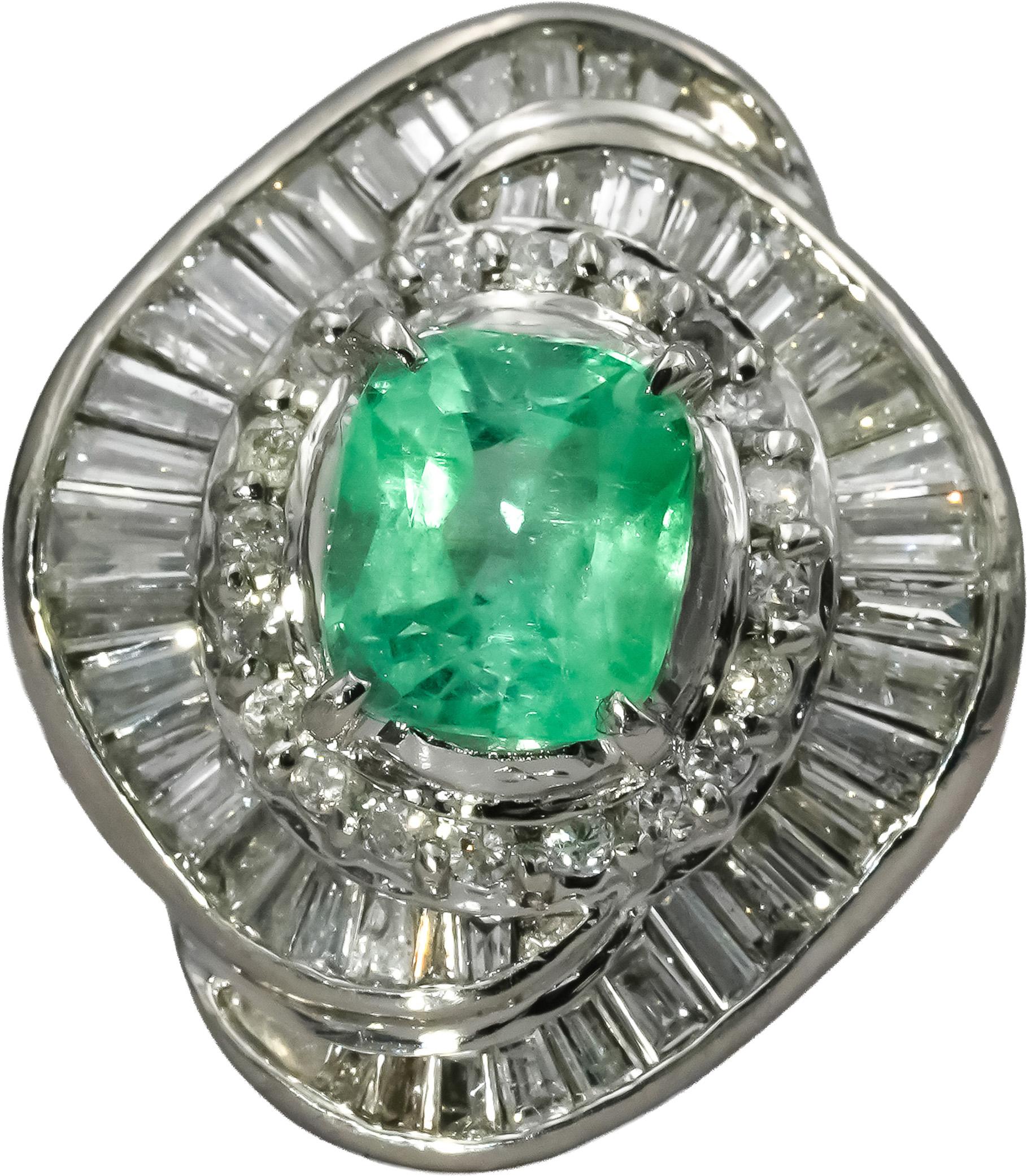 Platinum Round and Baguette Diamond Cushion Emerald Cocktail Ring 2.16CT Sz 6.25