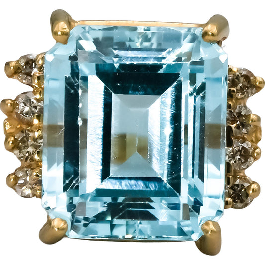 14k Yellow Gold Diamond and Blue Topaz Cocktail Ring 0.25CT Size 6.5