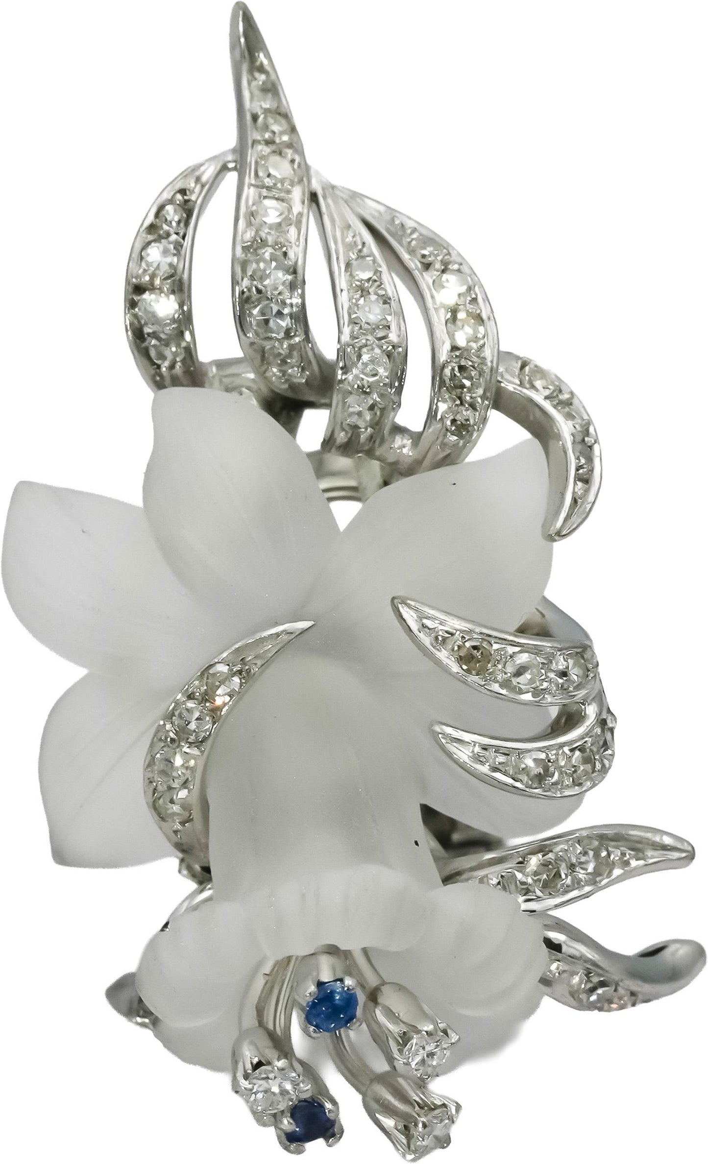 14k White Gold Diamond Rock Crystal Floral Earrings 0.50CT w/ Sapphire Accents