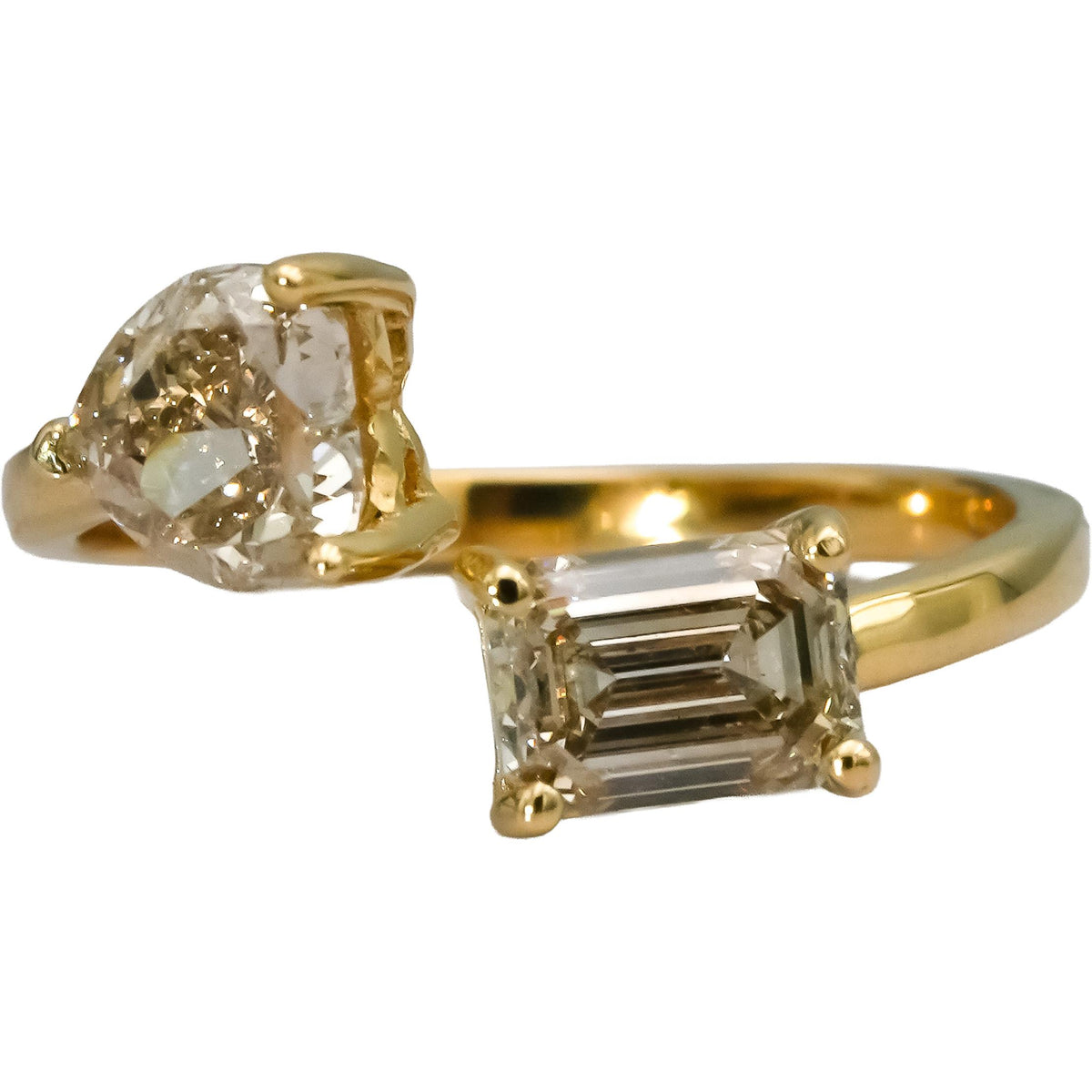18k Yellow Gold Heart Emerald Cut Natural Diamond Bypass Ring 2.04CT Size 6.5