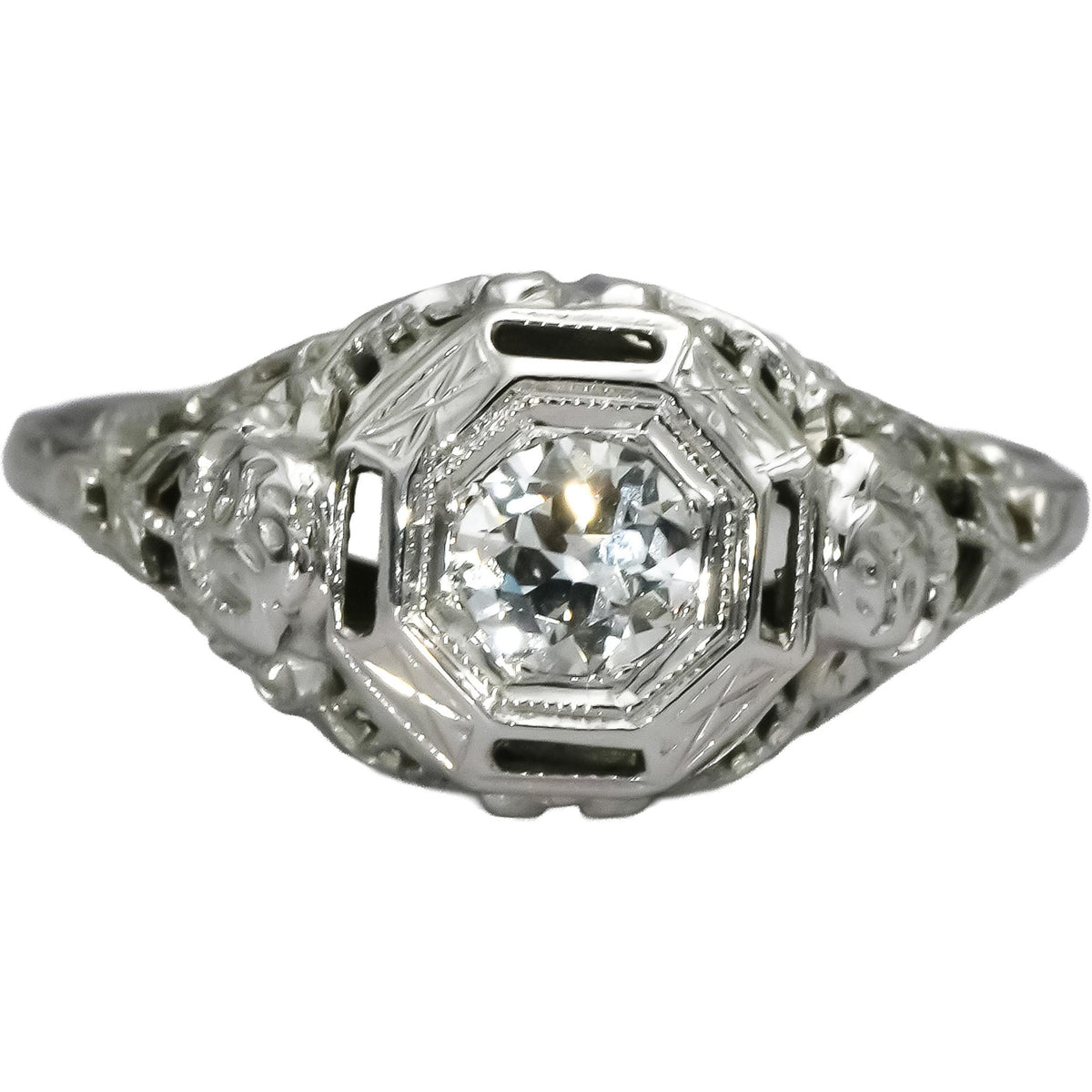 18k White Gold VS Round Diamond Filigree Ring 0.27CT Size 6.75