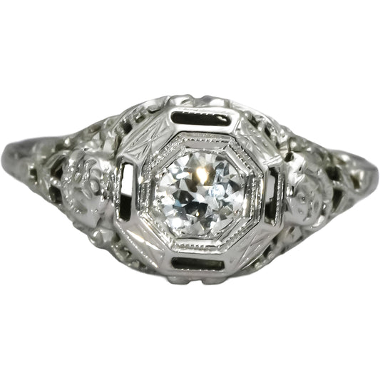 18k White Gold VS Round Diamond Filigree Ring 0.27CT Size 6.75
