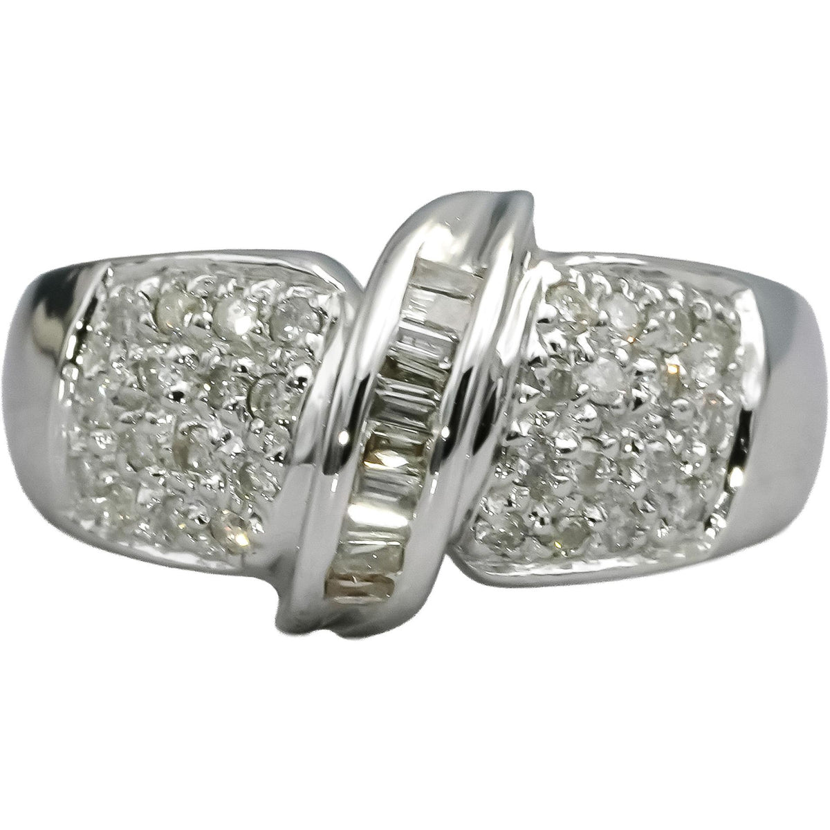 14k White Gold Round and Baguette Pave Diamond Ring 0.50CT Size 6.25