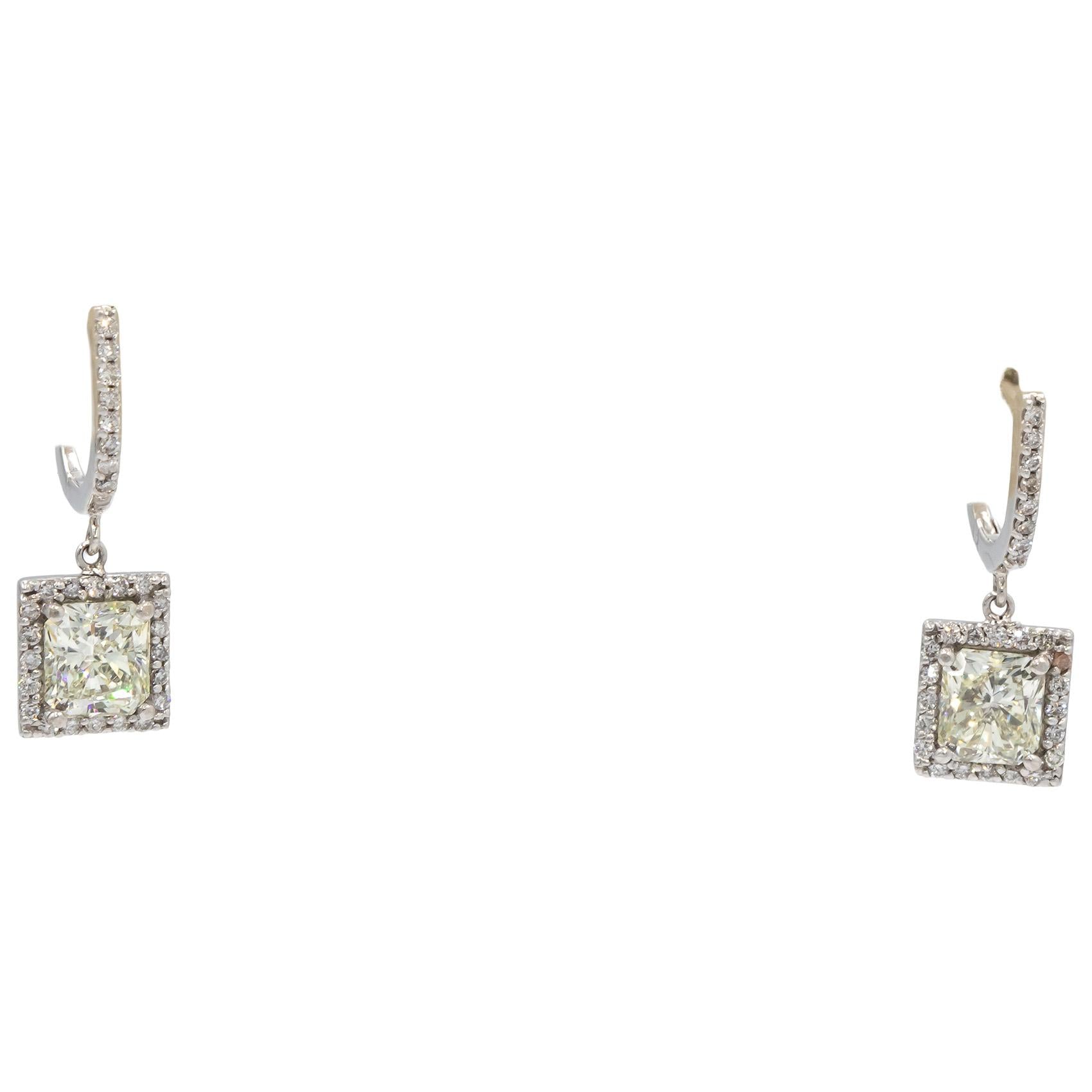 14k Gold Diamond Drop Dangle Earrings 3.28CT w/ 2 x 1.50CT Radiant Cut Centers