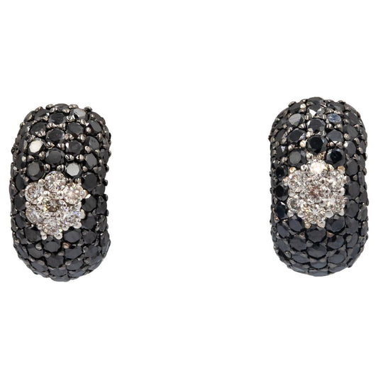 18k White Gold 4.45CT White and Black Diamond Cluster Curved Huggie Earrings