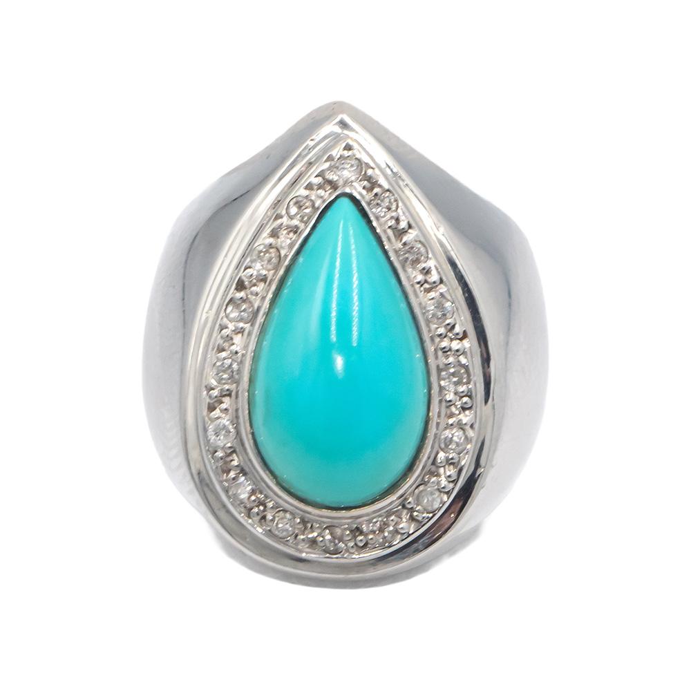14k White Gold Round Diamond & Cabochon Turquoise Cocktail Ring 0.15CT Size 5.5