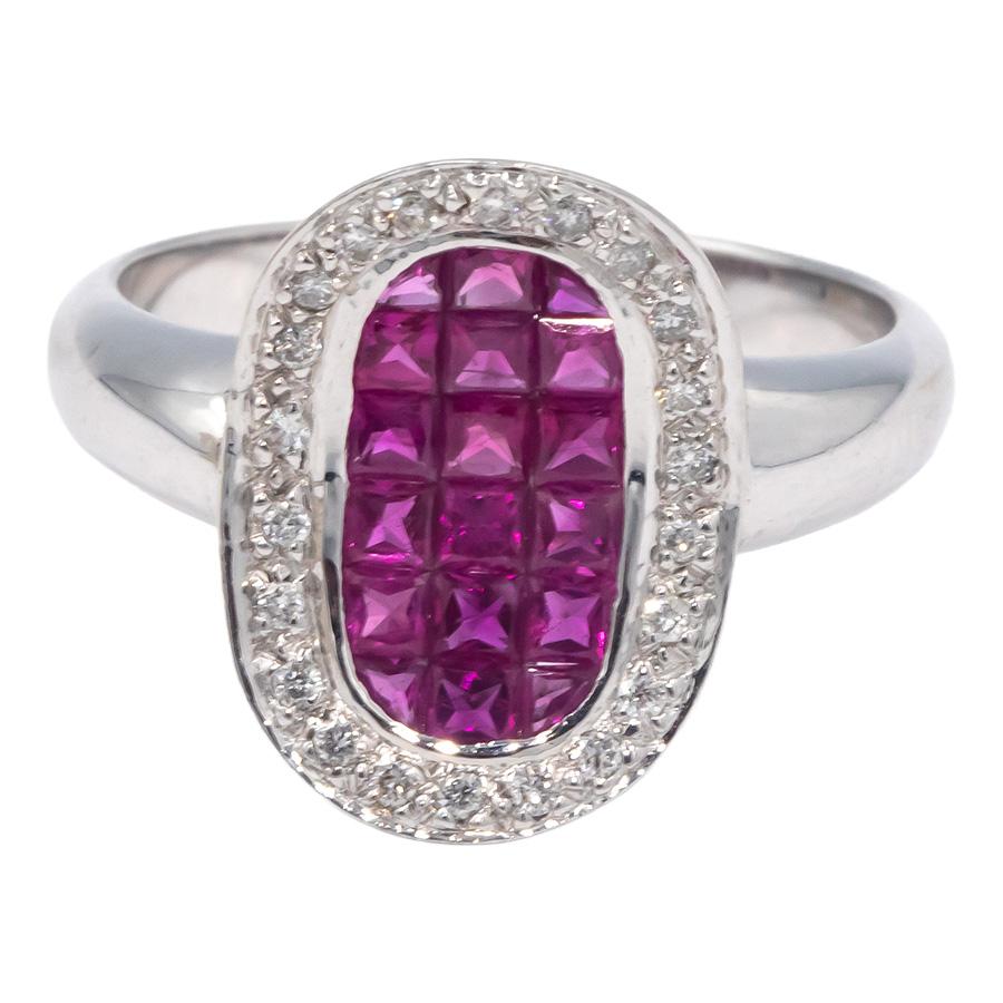 18k White Gold 0.62CT Diamond and Ruby Cluster Oval Ring Size 7.25