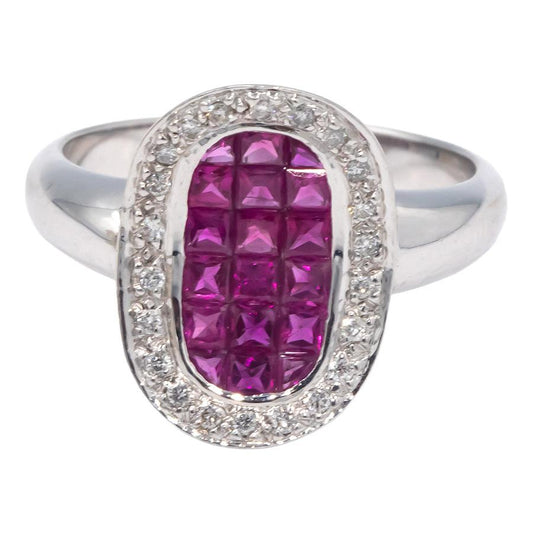 18k White Gold 0.62CT Diamond and Ruby Cluster Oval Ring Size 7.25