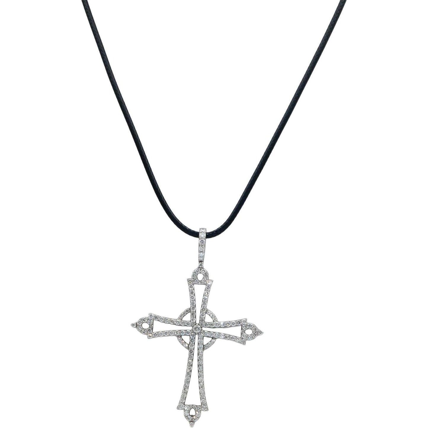 14k White Gold Diamond Cross Crucifix Pendant on Cord Necklace 2.27CT