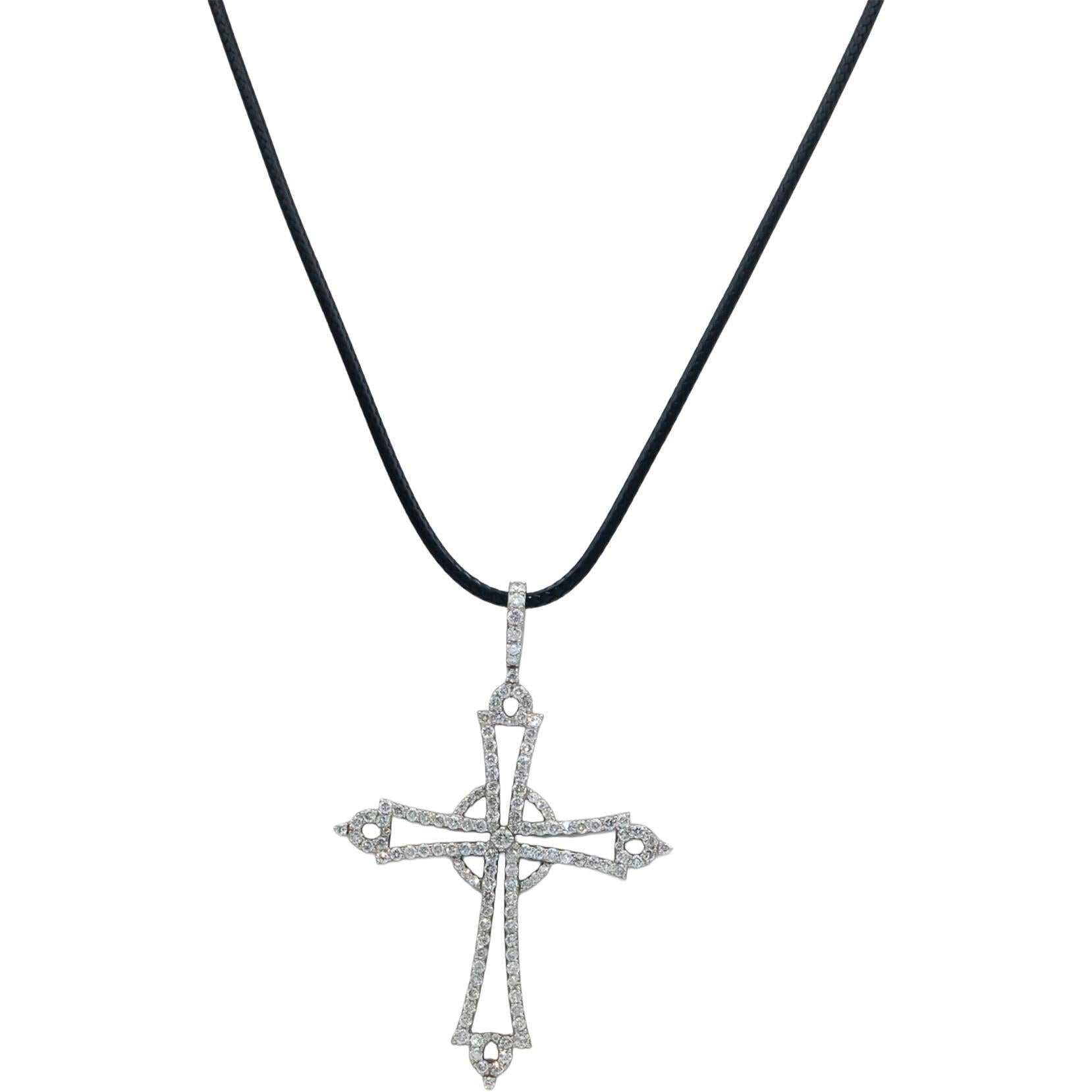 14k White Gold Diamond Cross Crucifix Pendant on Cord Necklace 2.27CT