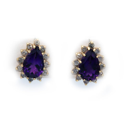 14k Yellow Gold 10.25CT Round Cut Diamond and Pear Cut Amethyst Earrings