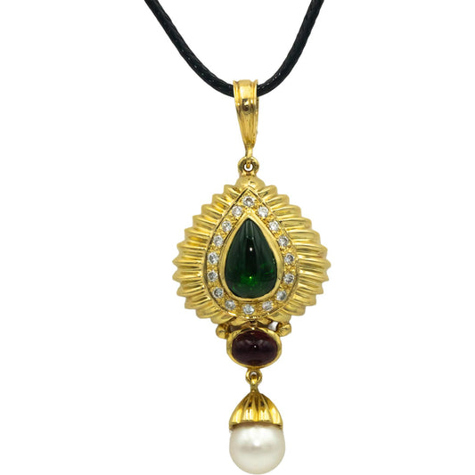 18k Yellow Gold 0.33CT Diamond Tourmaline 8.3mm Pearl Pendant Necklace